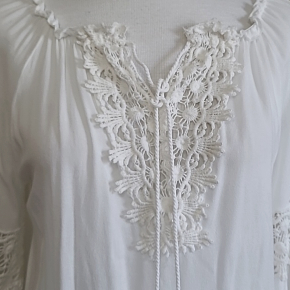 Democracy Blouse Elegant White Lace Crochet Trim Top Bell Sleeve Tassel Tie Larg - Picture 4 of 12
